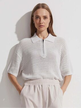 Varley Clayton Mesh Knit Polo White Cotton Short Sleeve Small Cotton NWT